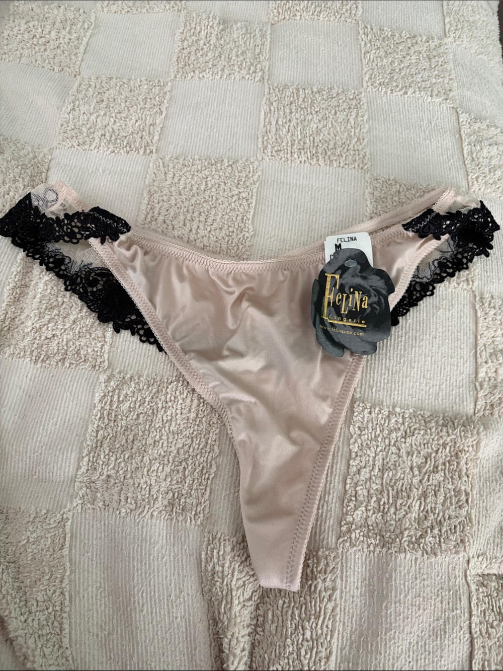 Felina Blush Satin Thong with Black Lace Sides